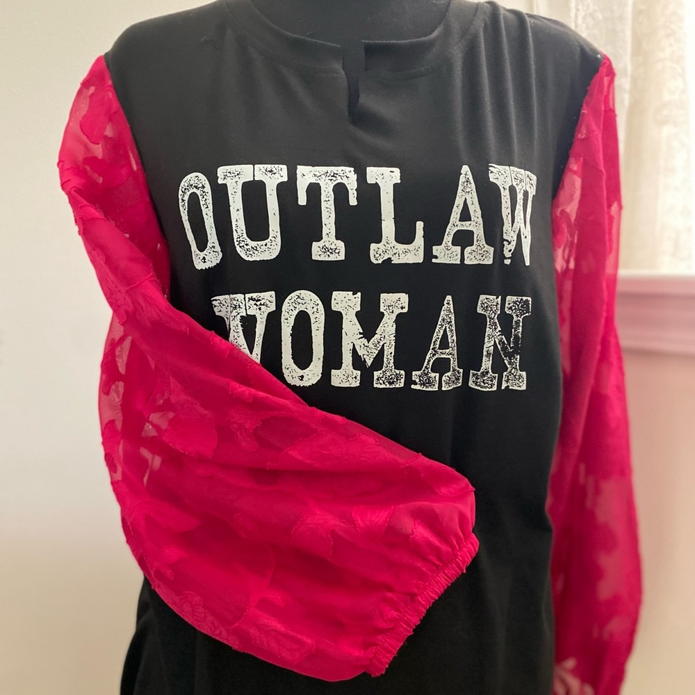 Outlaw Woman Black and Pink Lace Sleeve Top